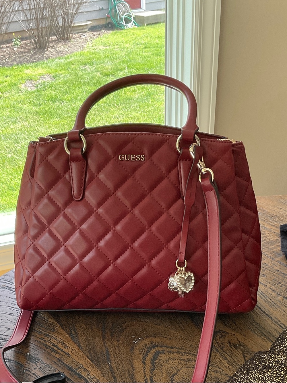 GUESS Quilted Satchel Handbag in Burgundy Red